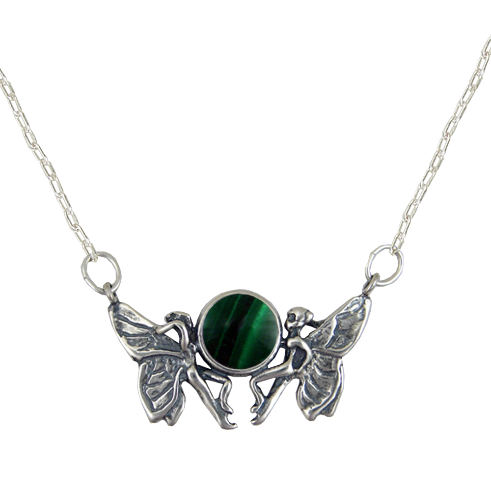 Sterling Silver Pair of Fairies Necklace With Malachite